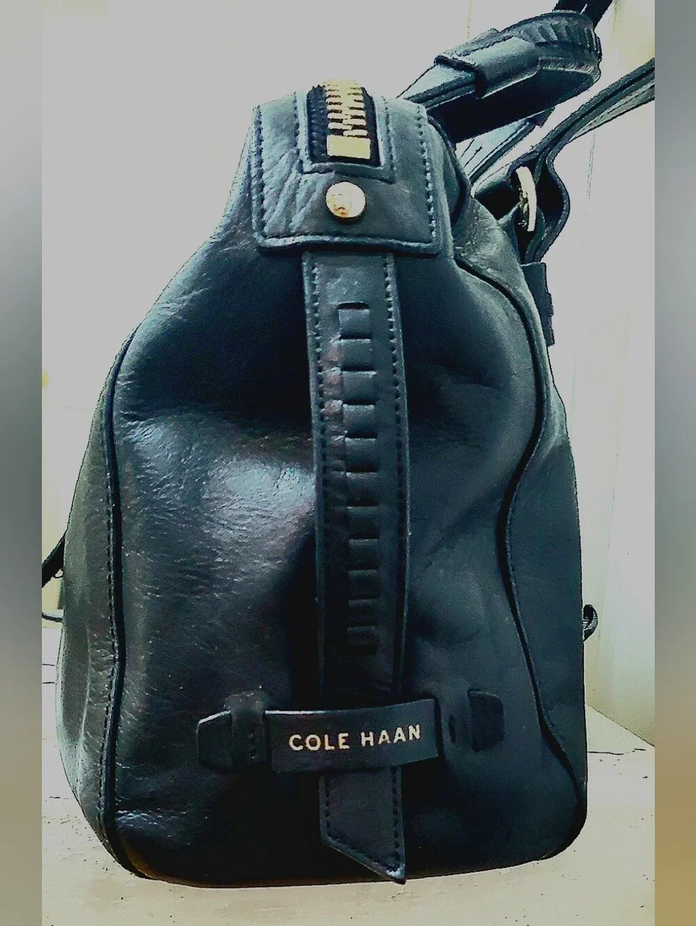 Cole Haan Black Woven Leather Satchel with Gold Hardware
